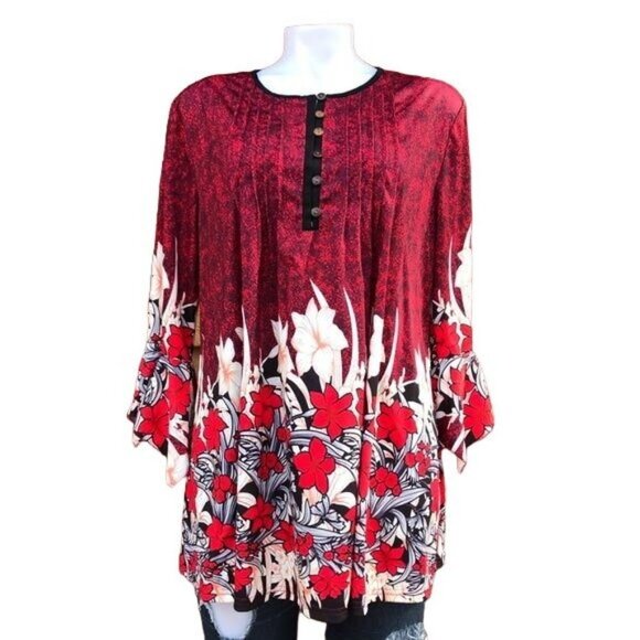 Red Floral 3/4 Sleeve Long Top Shirt Dress Size XL - Picture 2 of 8